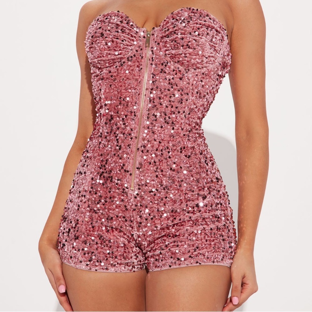 Pink Sequin Strapless Romper